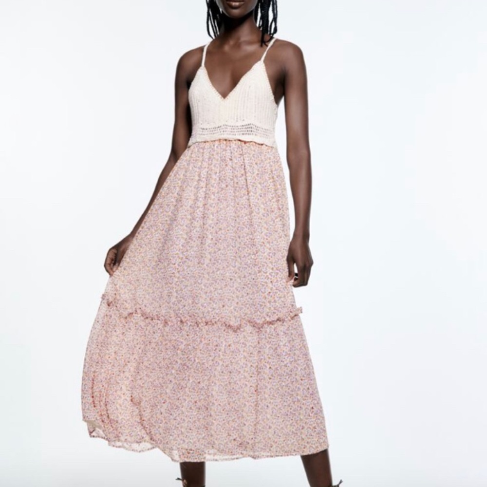LAST CHANCE !!!    PRINTED CONTRASTING CROCHET DRESS / ZARA XS